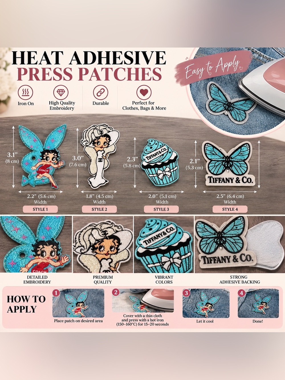 Blue Embroidered Iron-On Patches - Butterfly & Cupcake Set